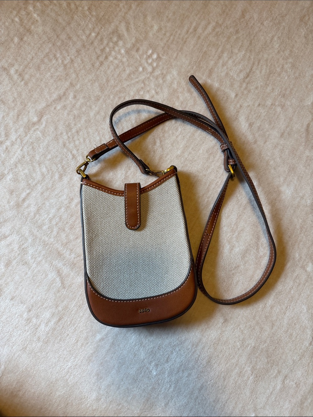Mango Cream Canvas and Brown Leather Crossbody Bag